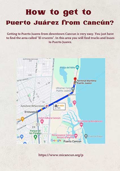 <h3>How to Get to Puerto Juarez from Cancun?</h3>
If you're in Cancun or even in the Cancun Hotel Zone and want to get to Puerto Juarez, whether it's to take the ferry to Isla Mujeres, visit the El Meco archaeological site, explore the small town, or enjoy its cuisine, we'll explain how to do it here.
The first thing you need to understand is that the most economical way to get there is by using public transportation. This transportation, or more precisely, the bus bound for Puerto Juarez, can be found in downtown Cancun. However, downtown Cancun is a broad area that covers approximately 5 km.
So, where in downtown Cancun should you head to? The intersection. The intersection is a small area in Cancun located at the intersection of José López Portillo and Tulum avenues. At this intersection, you can find the bus and colectivo terminal heading to Puerto Juarez.
So, regardless of whether you're in the hotel zone or elsewhere in Cancun, you need to get here. An important tip to remember: never take a taxi from the hotel zone to downtown Cancun, as it will cost you a lot of money. It's better to use public transportation. Trust me.