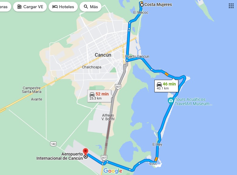 distancia del aeropuerto de cancun a costa mujeres